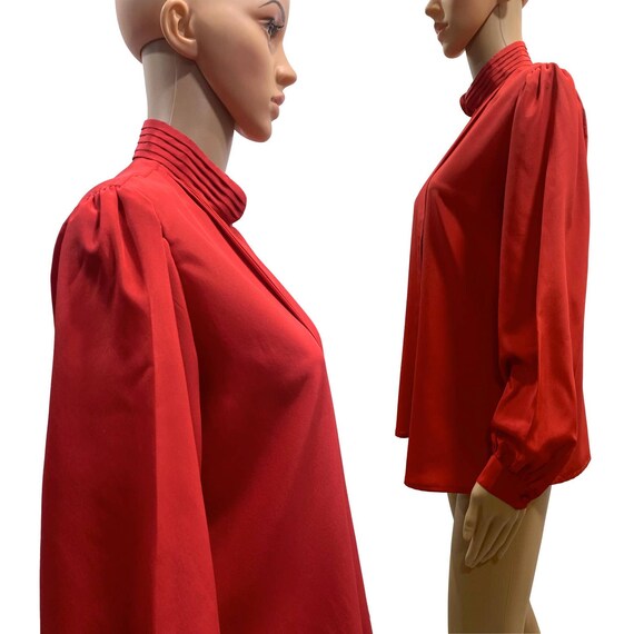 70s Red High Collar Secretary Blouse with Pleats … - image 6