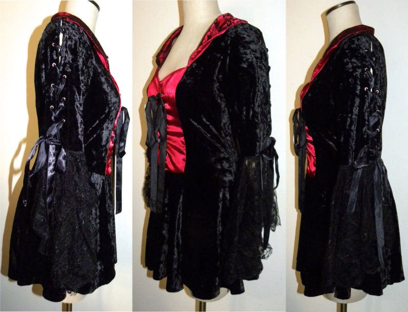 Fits SmM Vintage 90s Goth Mini Dress Black /& Red Crushed Velvet LACE Bell Sleeves