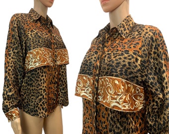 80s Casual Corner Leopard Print Capelet Blouse | XS/S