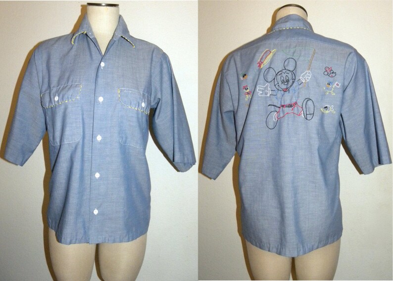 1970s 70s Embroidered Mickey Mouse Boyfriend Shirt Hand Embroidered Big Mac Chambray Work Shirt Disney Characters 40 chest
