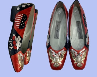 Vintage Margaret Jerrold USA Theme Shoes Red Eagle Cherries Flag Heart | 7.5 M
