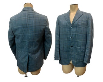 60s MOD Blue Plaid 3 Button Blazer Sport Coat | Lightweight | 38 - 40" Chest