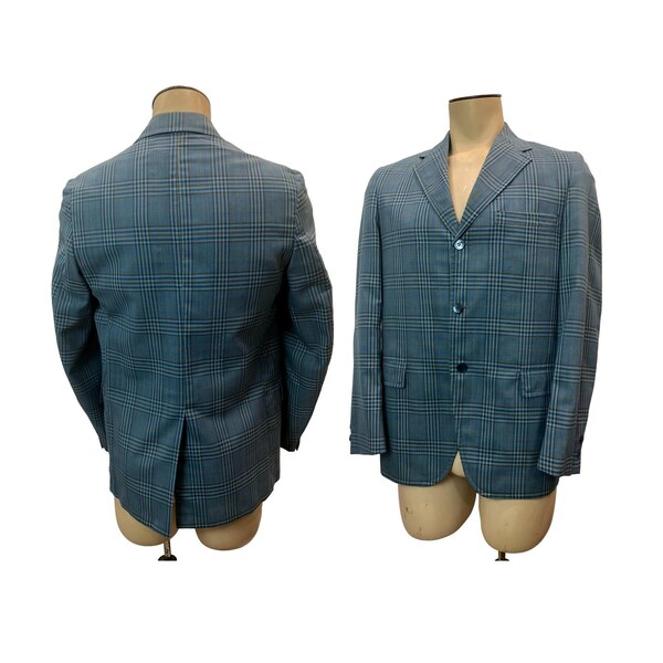 60s MOD Blue Plaid 3 Button Blazer Sport Coat | Lightweight | 38 - 40" Chest