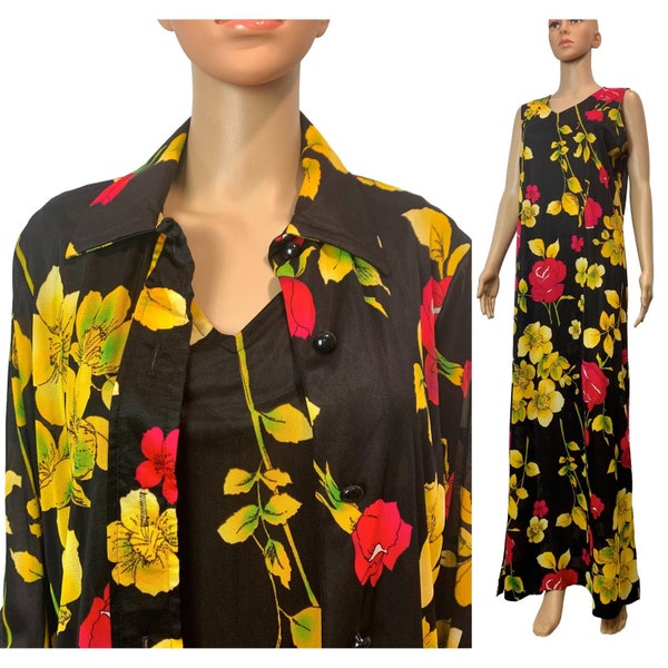 70s Maxi Dress & Shirt Jacket Set | Black w Red Yellow Floral | M/L