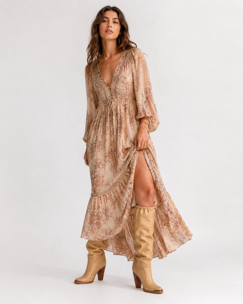 May include: A long, flowing dress with a V-neckline and long sleeves. The dress features a floral pattern in shades of beige and brown. The dress has a high slit and is paired with knee-high tan boots with a heel.