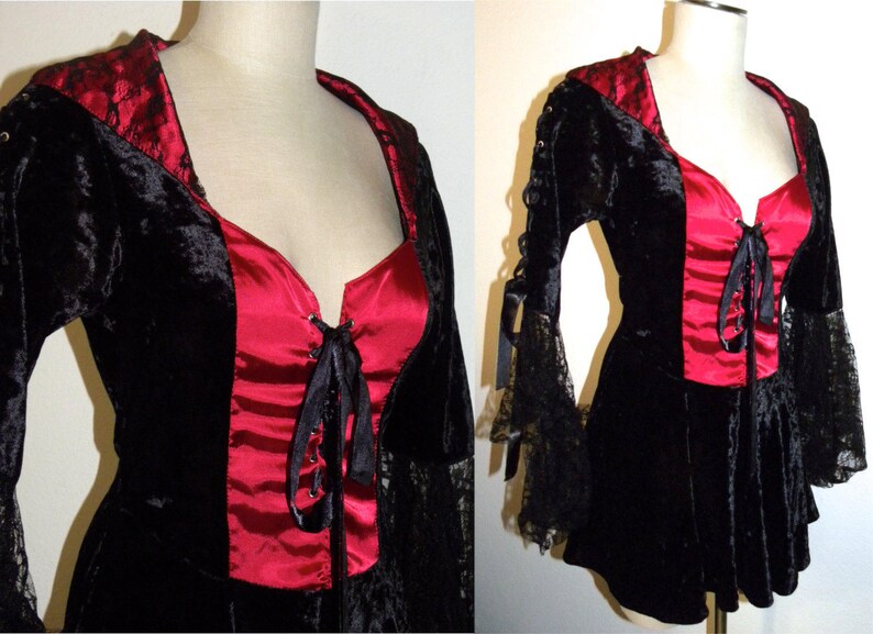 Fits SmM Vintage 90s Goth Mini Dress Black /& Red Crushed Velvet LACE Bell Sleeves