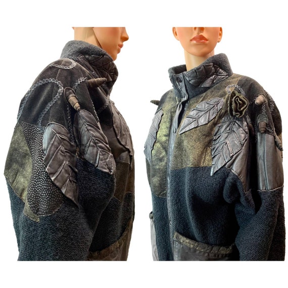 80s Avant Gardé Sweater Coat w Leather & Suede | … - image 4