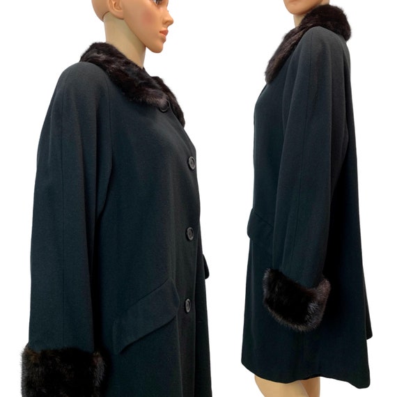 80s Lord & Taylor Black Wool Swing Coat Real MINK… - image 6