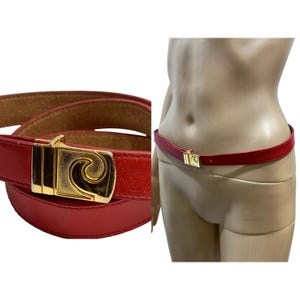 70s Pierre Cardin Red Leather Skinny Belt w Gold Logo Buckle | 31.5 - 37"