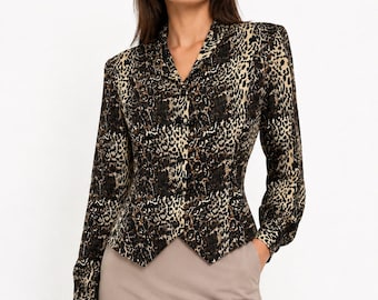90s Leopard Print Silk Jacket | Petite Sophisticates Fitted Cropped Blazer | XS Petite