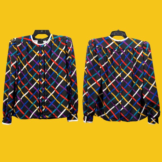 80s 90s Albert Nipon Colorful Grid Pattern Blouse… - image 2
