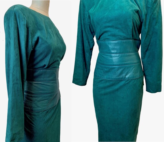 80s Ultra Soft Kid SUEDE Dress | Teal Leather Cor… - image 4