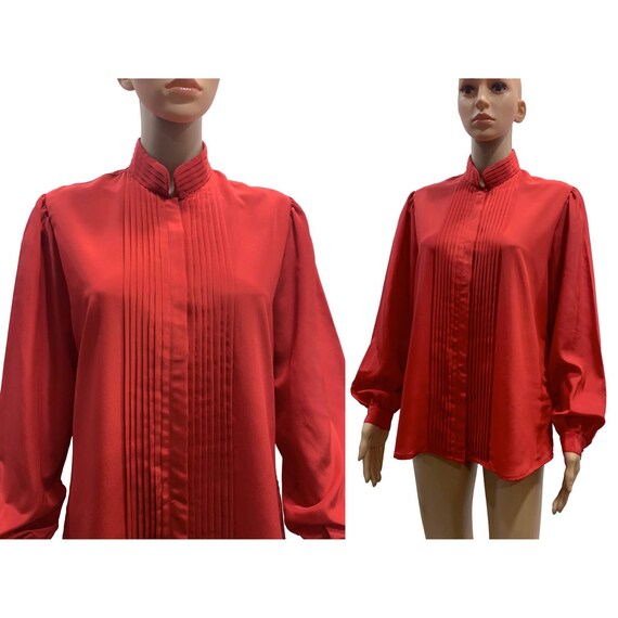 70s Red High Collar Secretary Blouse with Pleats … - image 5