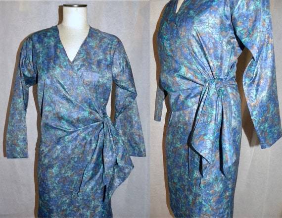 Vintage 60s Faux Wrap Dress | Mid Century Blue Gr… - image 5