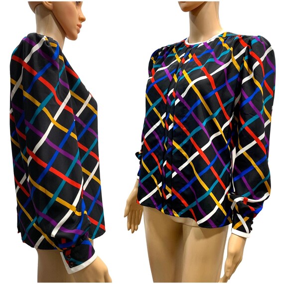 80s 90s Albert Nipon Colorful Grid Pattern Blouse… - image 5
