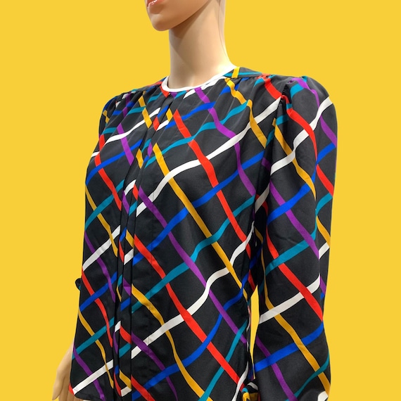 80s 90s Albert Nipon Colorful Grid Pattern Blouse… - image 1