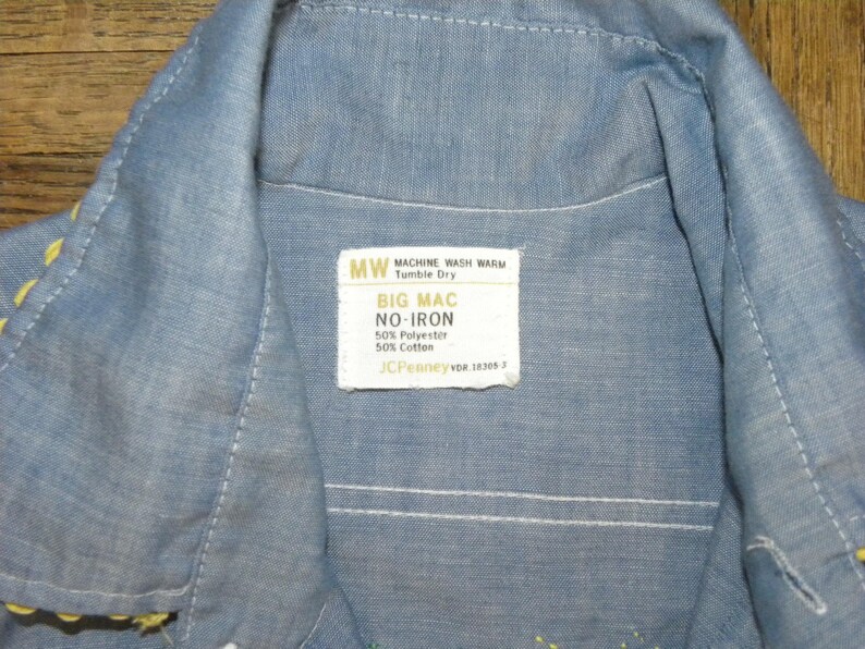 1970s 70s Embroidered Mickey Mouse Boyfriend Shirt Hand Embroidered Big Mac Chambray Work Shirt Disney Characters 40 chest
