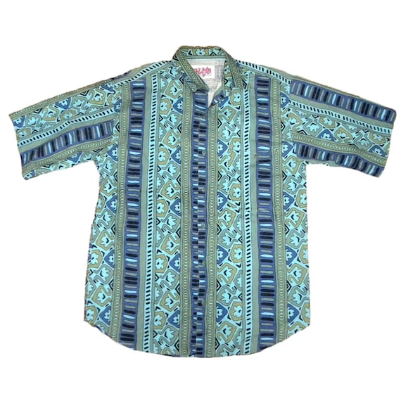 Camisa de manga corta cuadrada con estampado vintage azul verdoso