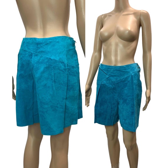 80s Dark Aqua Blue SUEDE Shorts | Asymmetrical Sof