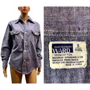 Vintage 70s Montgomery Ward Knife Point Collar Chambray Workwear Shirt | S
