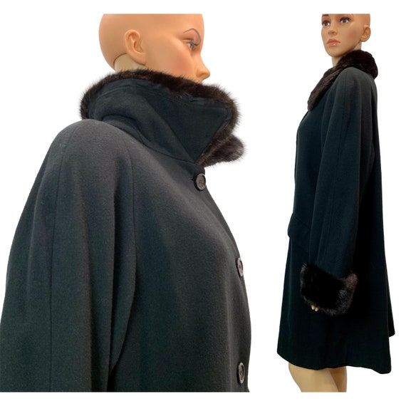 80s Lord & Taylor Black Wool Swing Coat Real MINK… - image 9