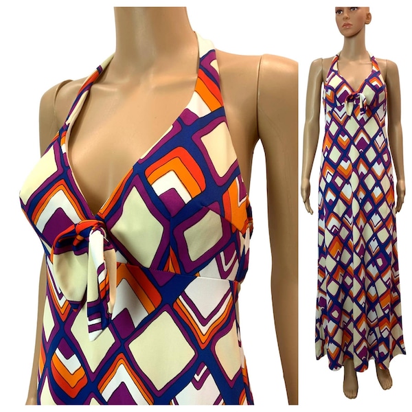 70s Psychedelic Print Maxi Halter Dress | Empire Waist Colorful Backless | XS/S