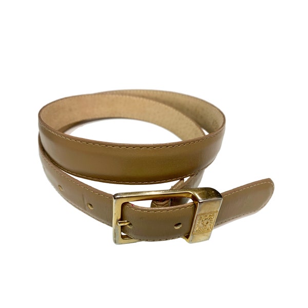 80s 90s Preppy ANNE KLEIN for Oroton Taupe Leather Belt | Gold LION buckle | Vintage size Large | 30.5" - 34.5"