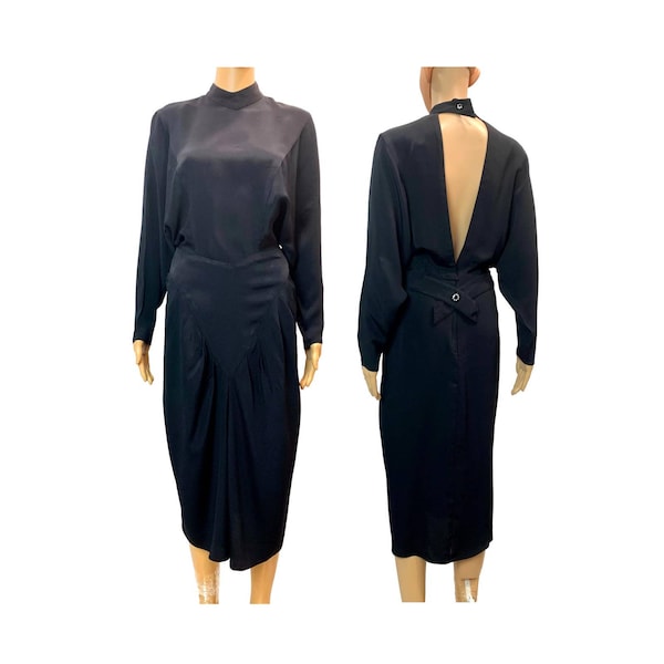 80s does Art Deco High Collar Backless Corset Waist Dress | Midi | VTG 6 XS/S