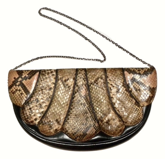 70s 80s Leather & Snakeskin Shoulder Bag | Large … - image 5