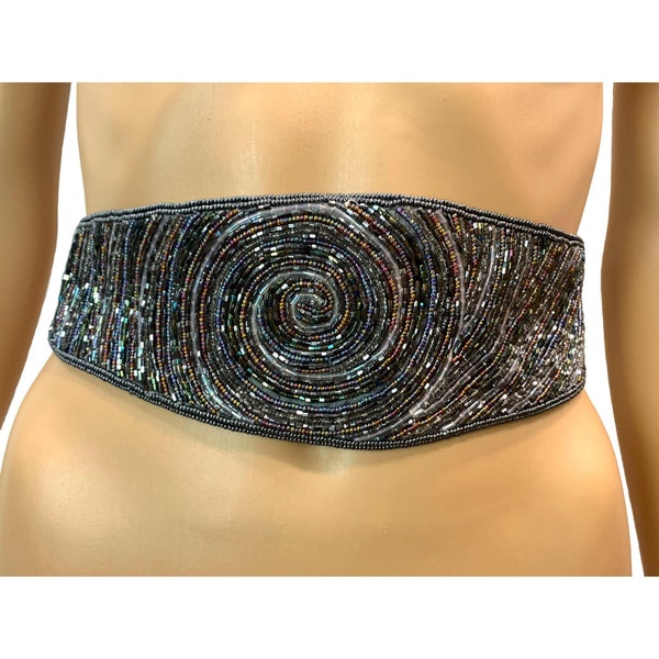 80s Handmade Heavily Beaded Silver Gray Belt | Adjustable