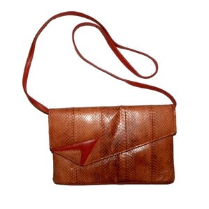 70er Jahre Schlangenleder Umhängetasche | Rost dunkelorange Disco Clutch Leder | 25 cm x 15 cm