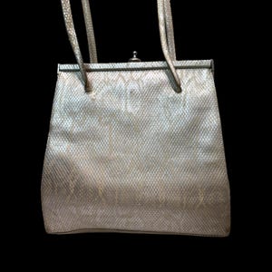 Vintage Neiman marcus Silber Schlangen-Druck-Leder-Rahmen-Tasche mit langen Riemen