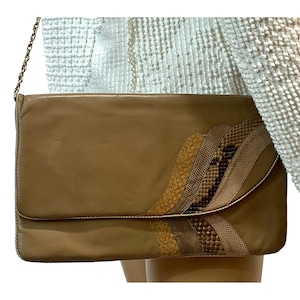 70er cognac braun Leder Schlangenleder & Eidechse Schultertasche Clutch aus Italien