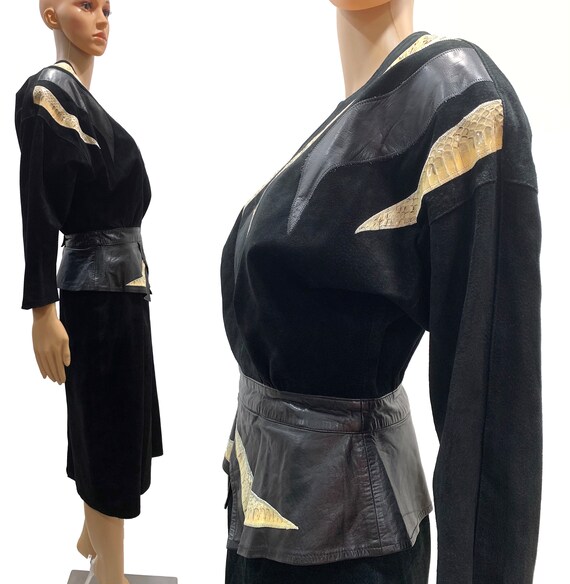 80s Black Suede Leather and Snakeskin Batwing Dre… - image 4