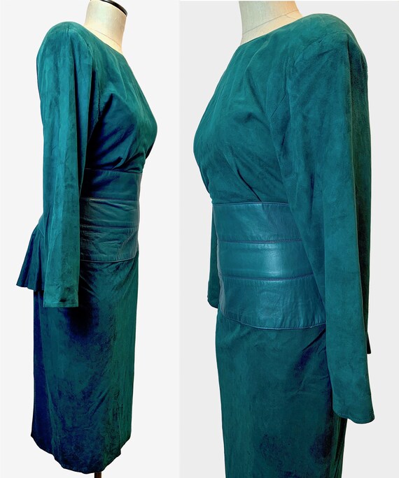 80s Ultra Soft Kid SUEDE Dress | Teal Leather Cor… - image 9