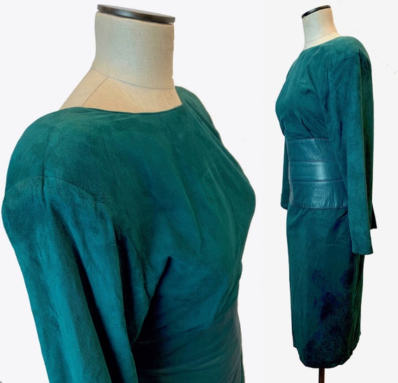 80s Ultra Soft Kid SUEDE Dress | Teal Leather Cor… - image 2