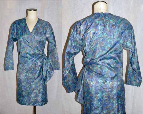 Vintage 60s Faux Wrap Dress | Mid Century Blue Gr… - image 1