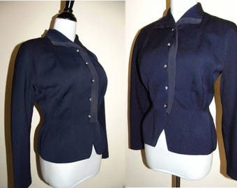 40s Gabardine Jacket | Women's Blazer Rhinestone Buttons & Ribbon Trim | Dark Blue | XS/S