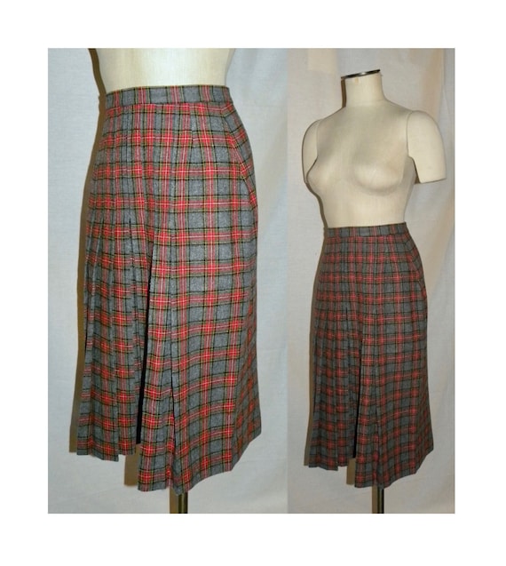 50s 60s Tartan Wool Midi Skirt | MOD Pleated Red P