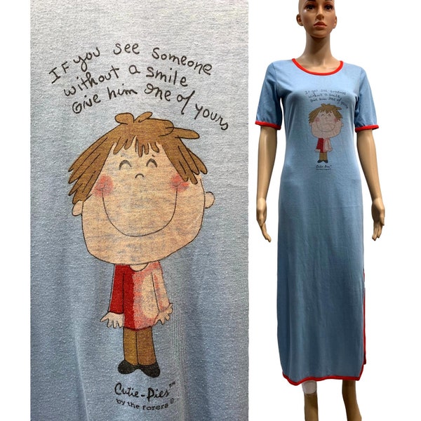 70s Long Blue T Shirt Nightgown Nightie w Cute Cartoon | XS/S