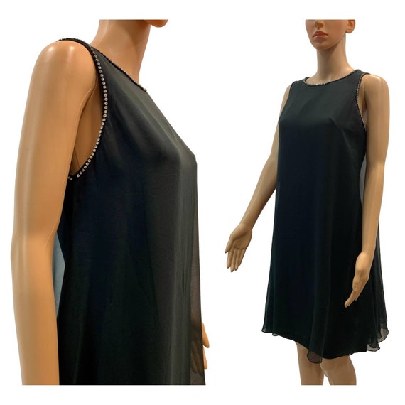 60s Black Chiffon Shift Dress w Rhinestone Trim |… - image 5