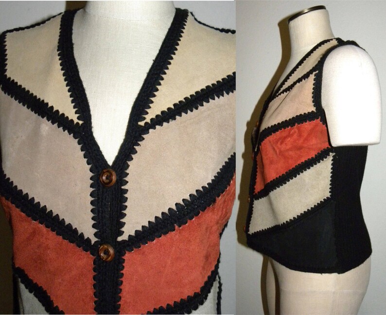 Vintage 1970s 70s SUEDE /& Knit Chevron Vest Hippie Boho Suede Leather Festival Bohemian