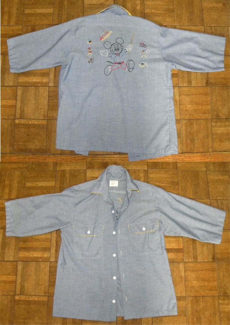 1970s 70s Embroidered Mickey Mouse Boyfriend Shirt Hand Embroidered Big Mac Chambray Work Shirt Disney Characters 40 chest