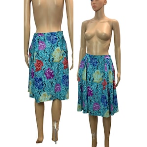 80s Ungaro Parallele Paris Blue Floral Roses Silk Wrap Skirt | Vintage 12 | W 28&quot;