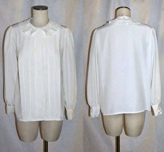 80s Ivory Tuxedo Pleat Blouse | Beaded Peter Pan … - image 5