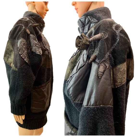 80s Avant Gardé Sweater Coat w Leather & Suede | … - image 5