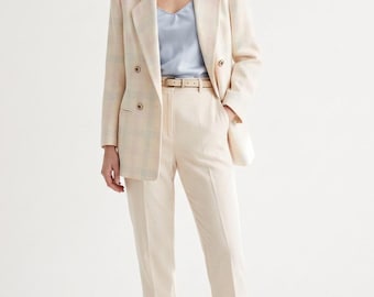 90s Vintage Wool Blazer | Cream Plaid Windowpane Jacket | Pink Blue Tailored Spring Oversized Blazer