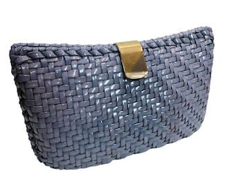 70s Blue Woven Shoulder Bag Clutch w Chain Gold Silver Clasp | 9.5" x 5.25" x 2.75"