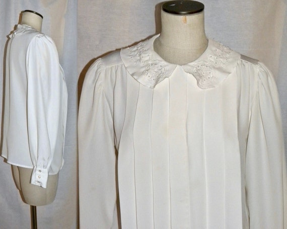 80s Ivory Tuxedo Pleat Blouse | Beaded Peter Pan … - image 7