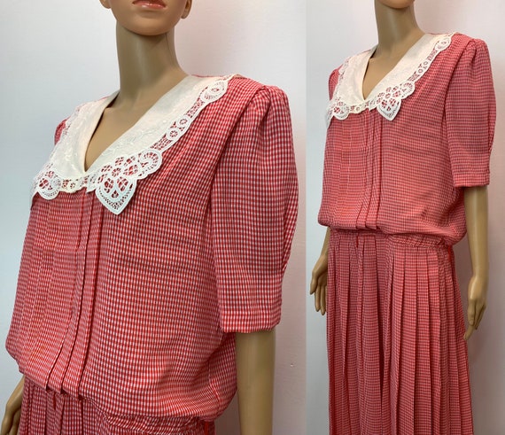 80s 90s Red & White Gingham Midi Dress | Pleated … - image 3